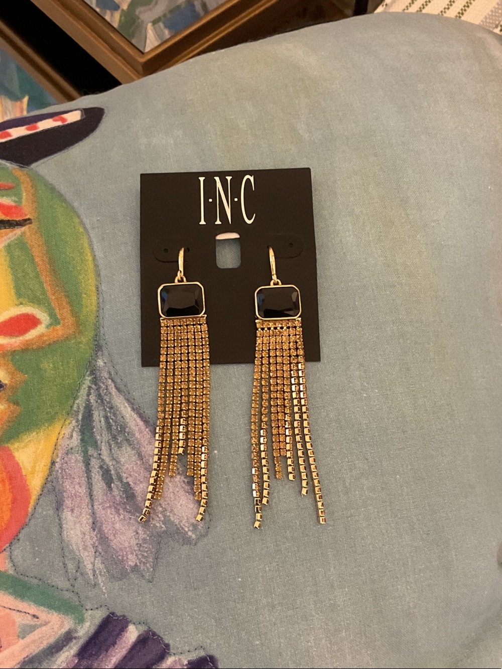 INC International Concepts Black Stone Gold Tasseled Earrings